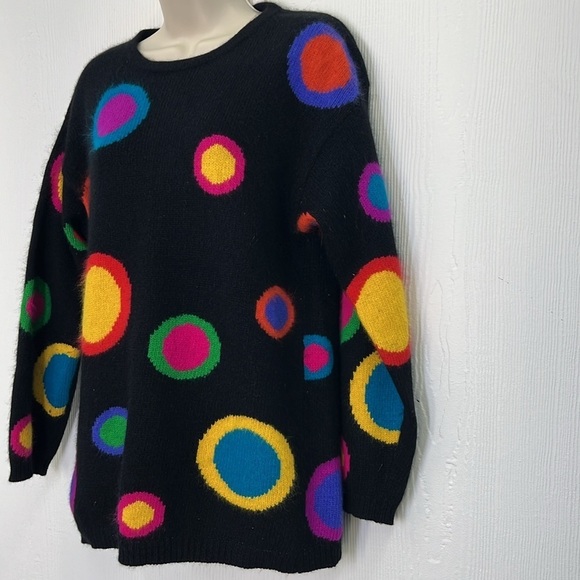 Rafaella - Vintage Rabbit Lambswool Retro Bright Circle Shapes Black Sweater SM - Picture 5 of 10
